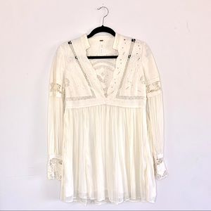 Free People White Sleeved Boho Cut Out Mini Dress